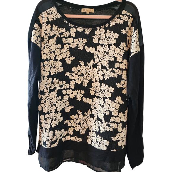 Democracy Medium Black White Floral & Sheer Chiffon Boho Sweater EUC - Picture 1 of 7